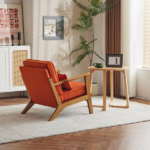 Mid-Century Modern Accent Chair with Wooden Frame - Oak Armrest, Linen-Cotton Burnt Orange Upholstery, Single Seater Lounge Chair for Living Room (Weight Capacity 330LBS) - Image 24