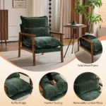 Cloud Shaped Indoor Leisure Chair with Solid Wood Armrest & Solid Wood Frame, Chenille Fabric Accent Chair with Lumbar Pillow, Single Sofa Chair Dark Green - Image 2