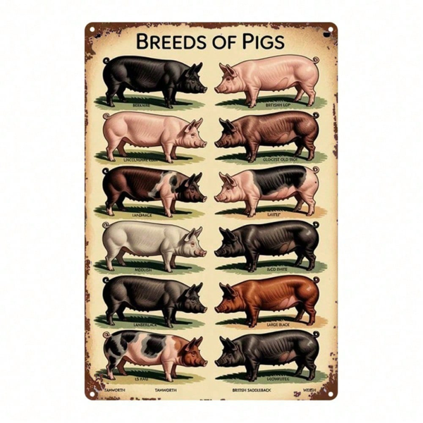 CIFbuy Vintage Pig Breeds Metal Sign 8x12 Inch Retro Distressed Wall Art 2D Flat Metal Poster For Home Garage Bar Cafe Restaurant Decor TikTok, TikTok, Self-pickup Logiopics