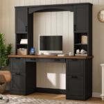 Farmhouse Arched Computer Desk with Hutch, Mid-Century Walnut Home Office Workstation with Charging Station & Keyboard Tray, All-in-One Writing Desk with File Drawer for Study, Office, Black - Image 16