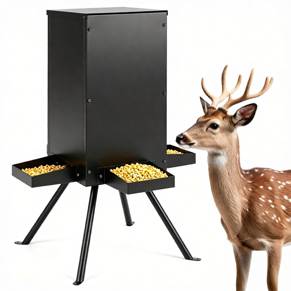 14 Gallon Gravity Deer Feeder 50-90 LBS Capacity Galvanized Coated Steel Wildlife Game Feeder with 4 Feeding Trays Lockable Lid Ground Pegs for Hunting Ranch Backyard Black