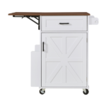 39.3" Farmhouse Kitchen Island with Drop Leaf, Kitchen Storage Island with Open Side Rack, One Drawer, Towel Rack, Rolling Kitchen Cart with Lockable Wheels for Lawn Garden, White - Image 11