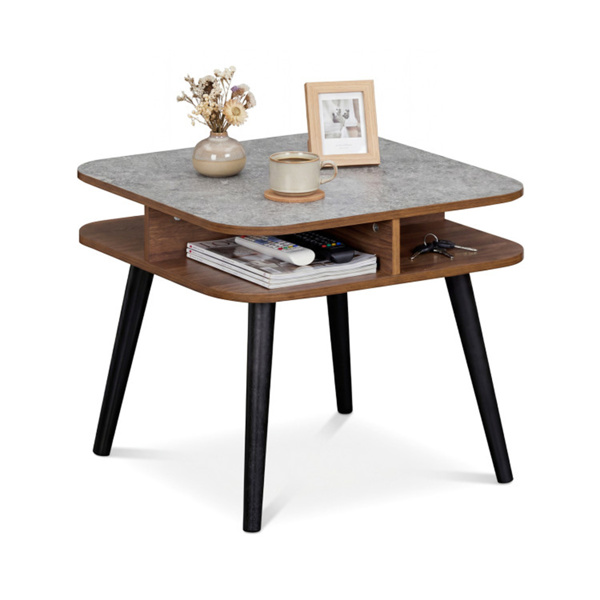 Faux Marble Side Table with 4-Sided Storage Shelves, 24" Square End Table for Living Room Bedroom