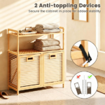 32 Inch Double Compartment Bamboo Laundry Organizer Freestanding Cabinet, Raised Guardrail Top Shelf Rounded Corner Dirty Clothes Bin Separate Light Dark Clothes Storage Natural Finish - Image 10