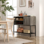 Rustic Brown Sideboard with 2 AC Outlets & 2 USB Ports, Charging Buffet Cabinet with Wine Rack- Gray - Image 7