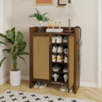 42.5" Tall Rattan Shoe Cabinet with Doors, 6-Tier Wooden Freestanding Shoe Storage Organizer with Adjustable Shelves, Mid-Century Entryway Shoe Cabinet for Hallway & Living Room--Walnut - Image 12