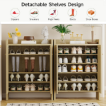 42.5" Tall Rattan Shoe Cabinet with Doors, 6-Tier Wooden Freestanding Shoe Storage Organizer with Adjustable Shelves, Mid-Century Entryway Shoe Cabinet for Hallway & Living Room - Image 19