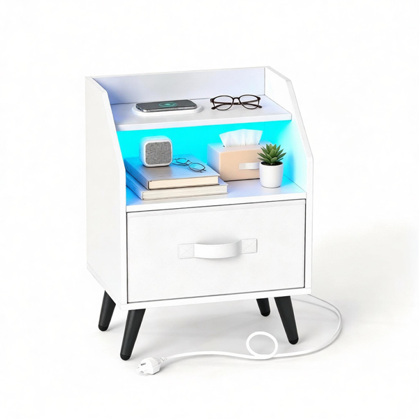 LED Nightstand with Charging Station, 16 Color RGB Remote Controlled Bedside Table with 2 AC Outlets USB Type-C Port, Foldable Fabric Drawer Anti-Tip Metal Legs Engineered Wood Side Table White