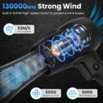 130000RPM Cordless Mini Blower, 1000W Powerful Motor with Turbo Tech (550g Wind Pressure/600g Blowing Force), 64mm Air Output for Heavy Debris Cleaning - Image 6