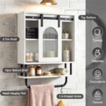 Farmhouse Industrial Wall Mounted Bathroom Cabinet with Sliding Fluted Door, 3‑Tier Storage Organizer with Towel Hooks, for Bathroom Kitchen Laundry Room - Image 5