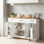 White 47" Farmhouse Buffet Cabinet, Soft-Close Hinges, 3 Drawers, Adjustable Shelves, Spice Racks Sideboard - Image 5