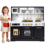 Kids Wooden Play Kitchen with Realistic Lights & Sounds, Pretend Ice Maker & Storage for Toddlers Age 3+ - Black - Image 2