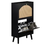 2-Drawer Tall Arched Rattan-Finished Shoe Cabinet Particleboard + Plastic Rattan 21.26*9.45*38.58in Black Frame + Natural Wood-Colored Rattan Top + Black High Legs - Image 5