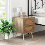 Set of 2 Bohemian 2-Drawer Bedside Table, 54.61×40.64×55.88 cm Natural Pine Wood Legs Nightstand, 88 lbs Capacity for Bedroom Living Room - Image 6