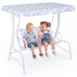 2-Seater Kids Patio Swing with Adjustable Canopy & Safety Belts Outdoor Toddler Swing Bench - White - Image 4