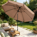 Brown 10ft Scalloped Patio Umbrella with Push‑Button Tilt, Vented Outdoor Market Parasol with Crank Lift, Fiberglass Ribs Sun Shade for Backyard Deck Poolside - Image 7