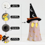 Halloween Decor Indoor, Set of 3 Ceramic Ghosts with Witch Hats, Cute Spooky Ghost Figurines for Mantel, Shelf & Tabletop Decor, Halloween Decorations - Image 2