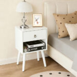 White P2 particleboard with solid wood legs, linen-textured melamine finish, and ring pull handle. 38*30*55cm. One drawer with a lower compartment. Bedside table. 1PC - Image 6