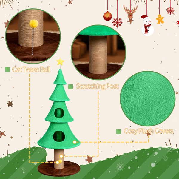 59in Large Tall Christmas Tree Cat Tower with 2 Cat Condos & Scratching Post, Soft Fleece Cat Tree with Teaser Toy & Sturdy Base & Built-in Openings for Indoor Cats, Green