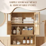 2-Door 3-Tier Toilet Cabinet Particleboard Melamine-Faced Bathroom Vanity Bathroom Cabinet with Rattan Surface 23.62*8.66*66.93in Natural Wood - Image 17