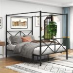 Metal Canopy Bed Frame, Platform Bed Frame Queen with X Shaped Frame Queen Black - Image 4