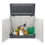 Outdoor Storage Shed, 34 Cu Ft Horizontal Outdoor Storage Cabinet, Lockable Outdoor Storage Box for Garbage Cans, Lawn Mower and Tools, Grey & White - Image 4