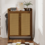 42.5" Tall Rattan Shoe Cabinet with Doors, 6-Tier Wooden Freestanding Shoe Storage Organizer with Adjustable Shelves, Mid-Century Entryway Shoe Cabinet for Hallway & Living Room--Walnut - Image 7