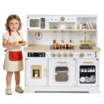 Kids Wooden Play Kitchen with Realistic Lights & Sounds, Pretend Ice Maker & Storage for Toddlers Age 3+ - White - Image 2