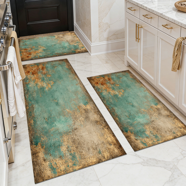 Three-piece kitchen rug set, non-slip and washable, abstract pattern kitchen hallway rug, soft and comfortable, suitable for sinks, floors, entrances, hallways and bathrooms.