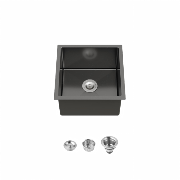 Stainless Steel Kitchen Sink, 18″x18″ Single Bowl, Undermount HandmadeSink in Black, with US Standard Drain and Hook[Unable ship on weekends, TK/TEMU only for pickup, only TX10643 warehouse supports GOFO]