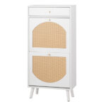 Rattan-front shoe cabinet with 1 drawer and 2 flip-down compartments, particleboard, 54*24*110cm, white - Image 3
