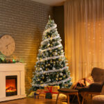 7.5 FT Artificial Snow Tipped Christmas Tree with DIY 350 Warm Lights Remote Control, Hinged Xmas Pine Tree with Silver Ribbon Ornaments for Holiday Party Office Home, Green & Snow Tipped - Image 5