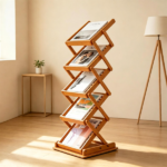 Foldable Bamboo Magazine Rack Brochure Display Stand with 5 Storage Pockets, 2 Adjustable Heights Pop-Up Design Anti-Slip Foot Pads Freestanding Floor Literature Holder Walnut Finish - Image 5
