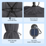 10FT Round Banana Hanging Patio Umbrella with 18 LED Lights, 6 Iron Ribs, Iron Straight & Curved Pole, Waterproof Polyester Canopy, with Stand Sleeve and Cross Base, Gray - Image 22
