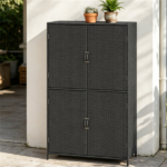 Outdoor PE Rattan Storage Cabinet with Adjustable Shelves, Anti-Tip Garden Tool Storage Shed for Patio Backyard Poolside-Black - Image 8