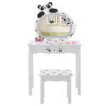 Black and white panda MDF painted finish, solid wood legs, 1-drawer children's dressing table set, LED three-color backlit touch switch - Image 2