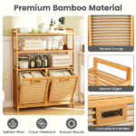 Natural Bamboo Tilt Out Laundry Hamper Cabinet with 2 Removable 7 Gallon Fabric Baskets, Open Storage Shelves Ventilated Slatted Design Anti-Tip Laundry Sorter for Bathroom Bedroom Laundry Room - Image 7