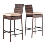 Set of 2 Patio Wicker Barstools, Outdoor Bar Height Chairs with Seat Cushions & Footrests for Patio Porch Backyard Living Room Balcony, Brown Gradient Rattan & Beige Cushion - Image 2