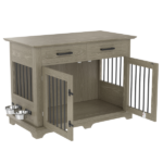 44.48" Large Dog Crate Furniture, Indoor Wooden Dog Kennel End Table with 2 Storage Drawers and Rotating Bowls, Decorative Pet Cage Dog House for Medium Dogs, Gray - Image 2