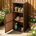 Brown Wicker Garden Storage Cabinet, Dual Open & Closed Design Outdoor Tool Cushion Storage Cabinet for Backyard Porch Poolside - Image 5