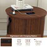 Mid Century Modern Cylinder End Table with Built-in Charging Station & Sliding Door, 2-Tier Storage Round Nightstand with USB Ports, Walnut Bedside Table for Living Room, Bedroom, Entryway - Image 8