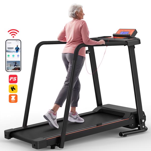 Walking Treadmill for Senior with Long Handrail, 300 lbs Capacity, 2.5HP Quiet Motor, Recovery Fitness Exercise Machine Foldable Elderly Treadmills for Home with LCD Display, Holder for Phone & Cup