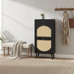 Rattan-front shoe cabinet with 1 drawer and 2 flip-down compartments, particleboard, 54*24*110cm, black - Image 10