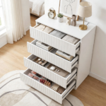 Handleless Grille-Finished 4-Drawer Bedside Table P2 Particleboard + MDF & Melamine Veneer + Thermoformed Drawer Dresser 23.62*14.96*30.71in White - Image 18