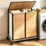 Compact Rolling Bamboo Laundry Hamper with Lid, 2 Sorting Compartments Removable Oxford Liner Bags 360° Lockable Wheels Metal Frame Under Counter Clothes Sorter - Natural Black - Image 8