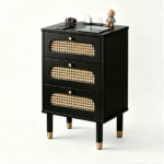 3-Drawer Nightstand with Woven Rattan Fronts and Built-in Power Outlet 15.75"*13.78"*23.82" Black - Image 4