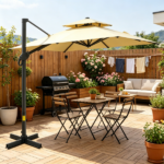 10ft Beige Hanging Cantilever Patio Umbrella Square Shape Aluminum Cross Base Tilt 360-Degree Rotation for Outdoor Relaxation - Image 6