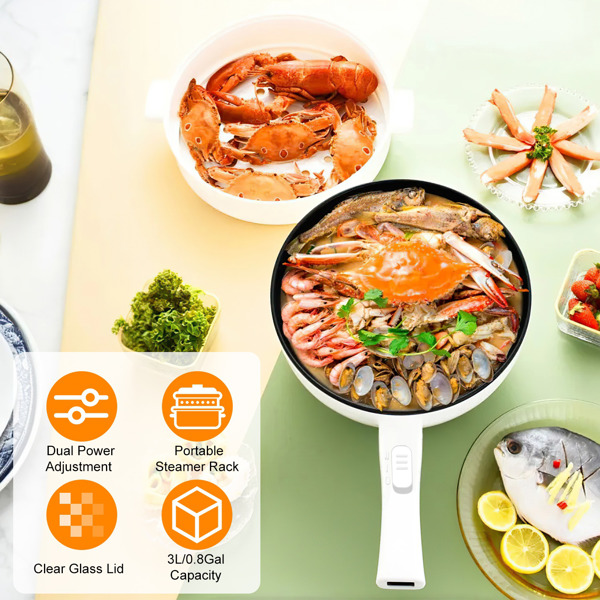 Electric Hot Pot Non-Stick Frying Pan Portable Rapid Noodles Cooker with Long Handle Steamer Spatula Dual Power Control Overheat Dry-Boil Protection for College Dorm Room Essential