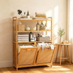 Natural Bamboo Tilt Out Laundry Hamper Cabinet with 2 Removable 7 Gallon Fabric Baskets, Open Storage Shelves Ventilated Slatted Design Anti-Tip Laundry Sorter for Bathroom Bedroom Laundry Room - Image 8