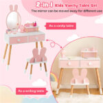 2-in-1 Kids Vanity Table Set with Detachable Mirror, Pink Dressing Table with Storage Shelf & Drawers for Girls - Image 9